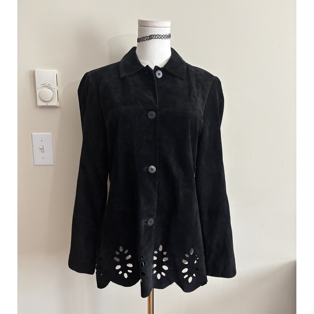 Lord & Taylor Suede Leather Jacket Black Floral Cutout Womens Medium Vintage 90s